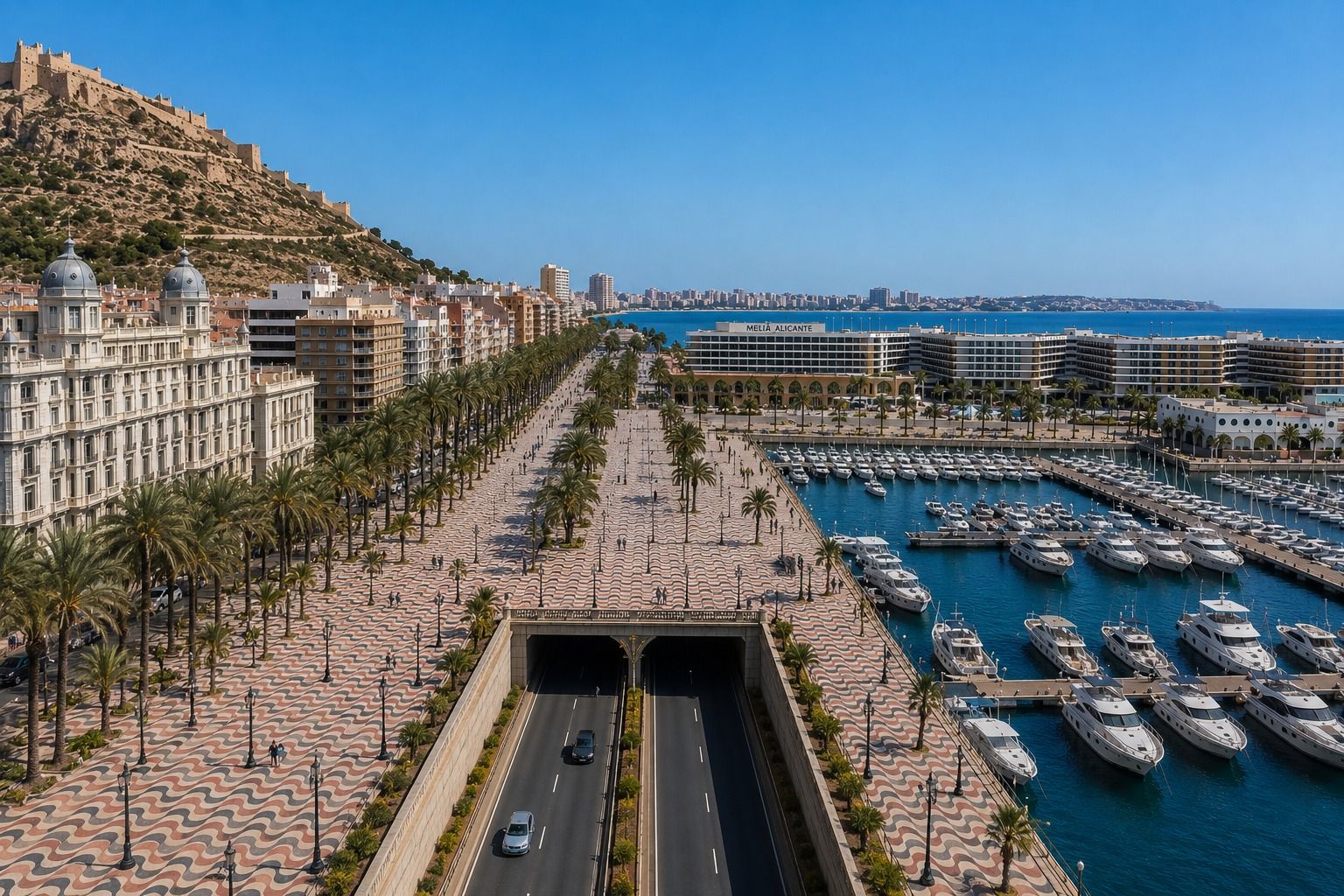 Recreación con IA de la Explanada de Alicante hasta el puerto con el túnel subterráneo