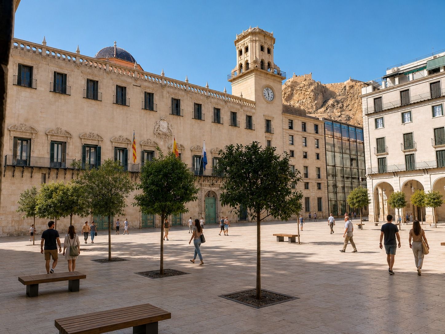 Recreació amb IA de la Plaça de l'Ajuntament d'Alacant convertida en zona de vianants