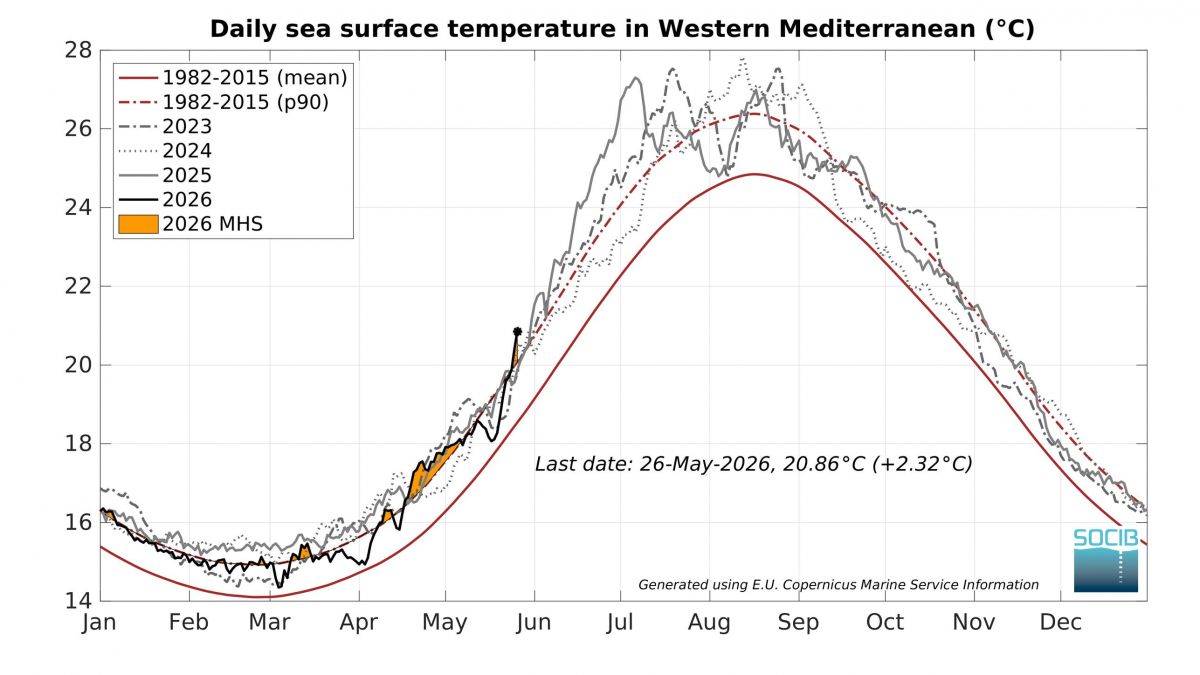 Temperatura diària en el Mediterrani occidental en 2026 (Font: Socib)