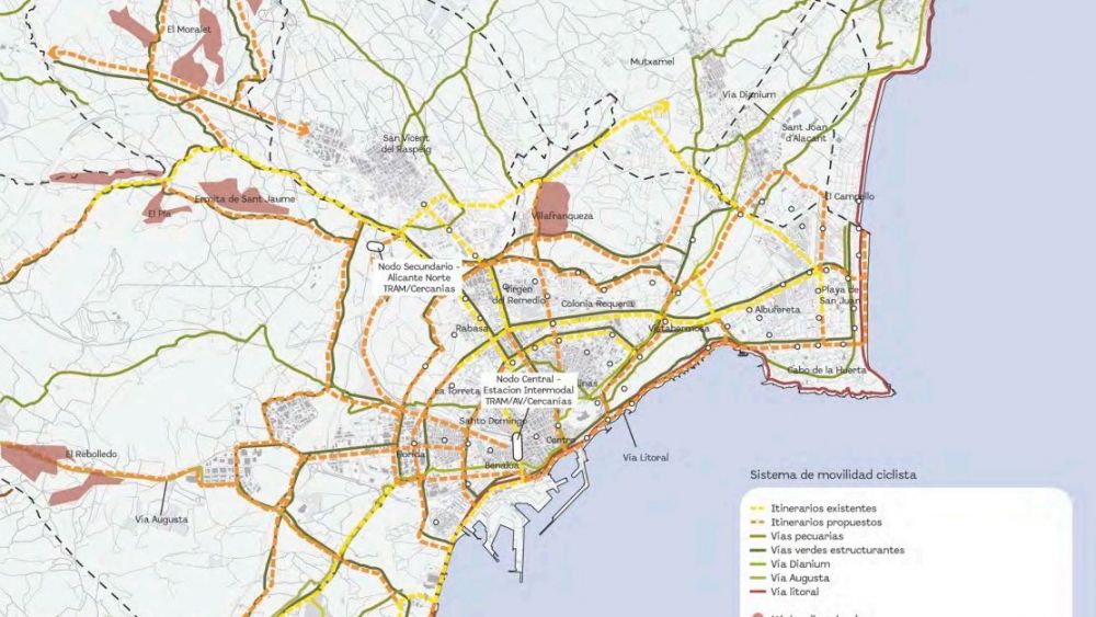 Plano de itinerarios ciclistas incluidos en el PGE de Alicante