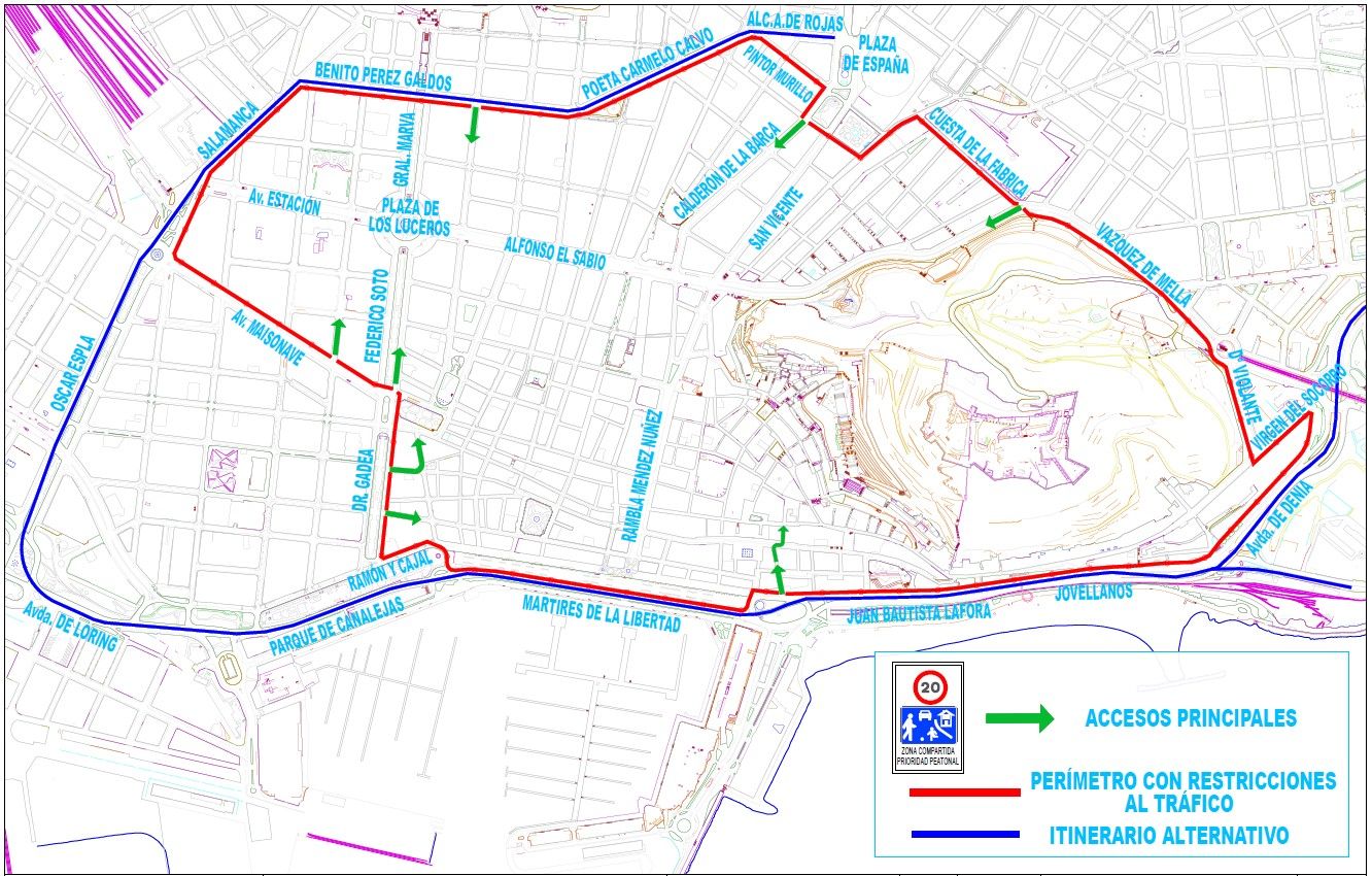 Plano del circuito restringido de tráfico de las Hogueras 2026 en Alicante