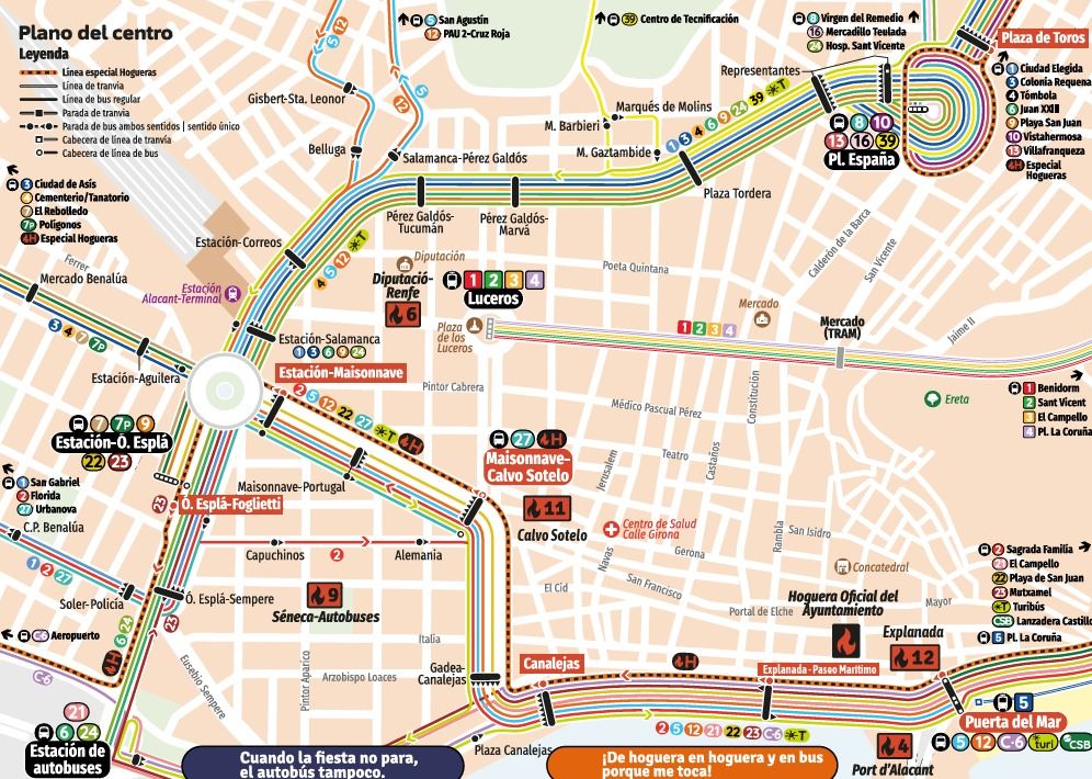 Mapa de las rutas de autobús en Alicante durante las Hogueras 2026