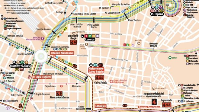 Mapa de las rutas de autobús en Alicante durante las Hogueras 2026