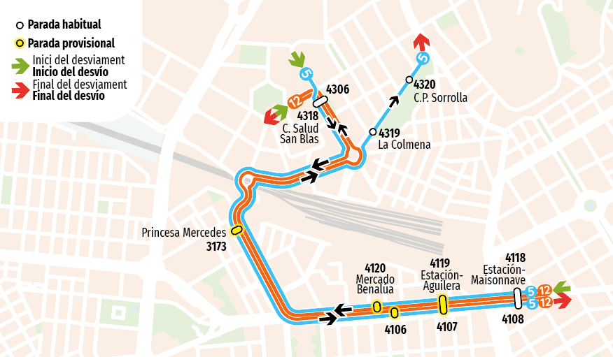 Mapa dels desviaments de l'autobús pels Moros i Cristians 20296 en Alacant