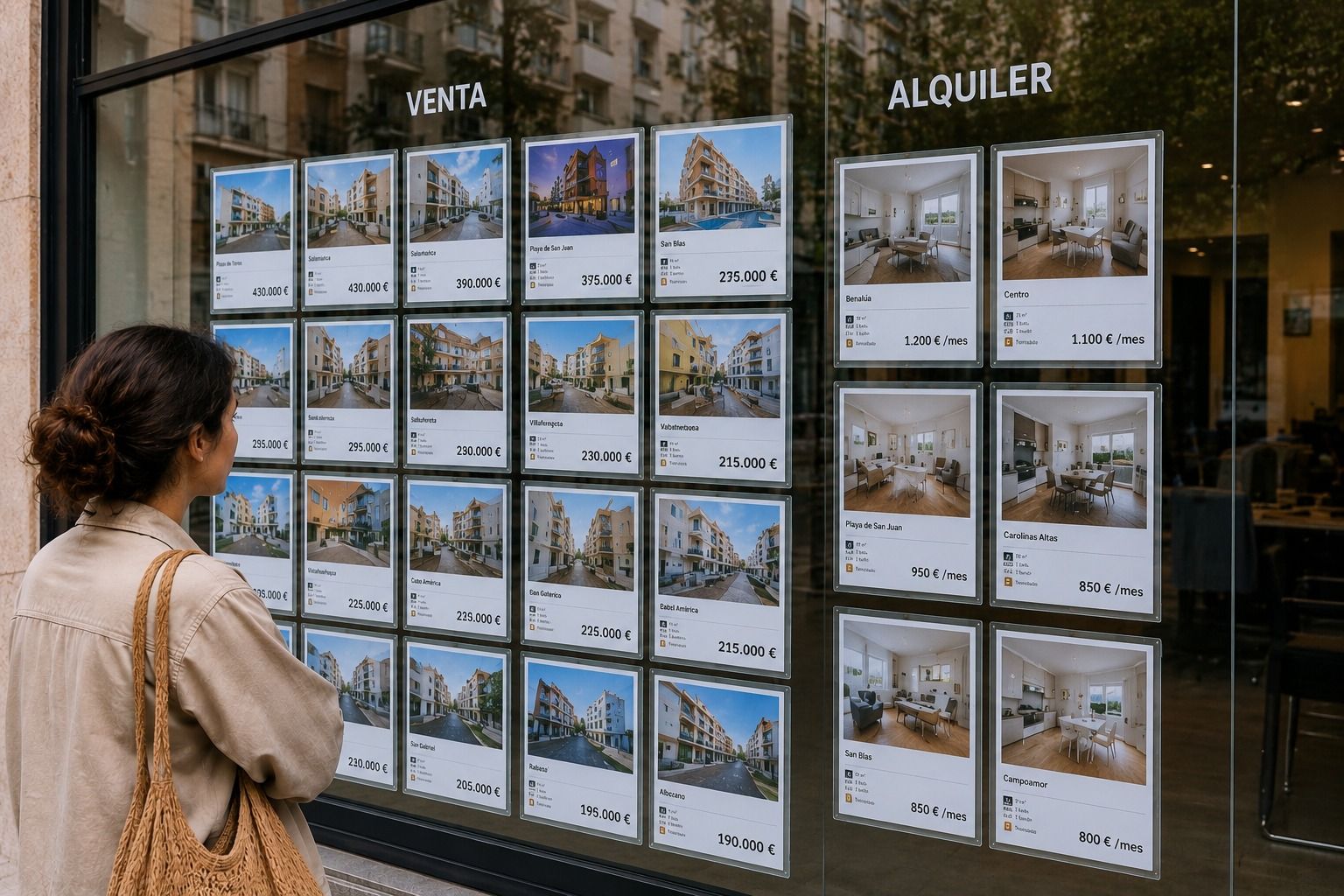 Una persona mira una inmobiliaria con pocos anuncios de alquiler en Alicante (Foto: IA)