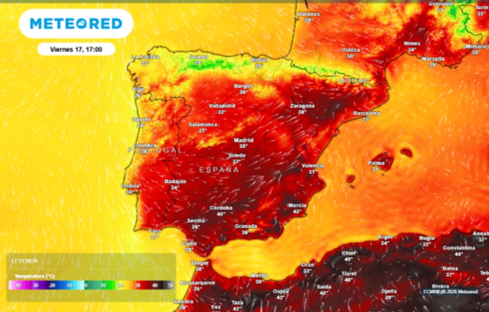 Mapa de calor en la Península Ibérica en el ecuador del mes de julio (Fuente: Meteored)