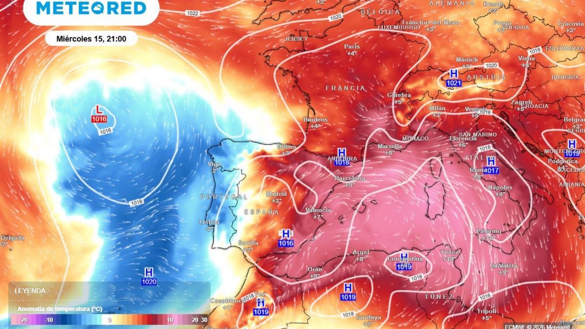 Mapa de la anomalía térmica por la masa de aire sahariano (Fuente: Meteored)