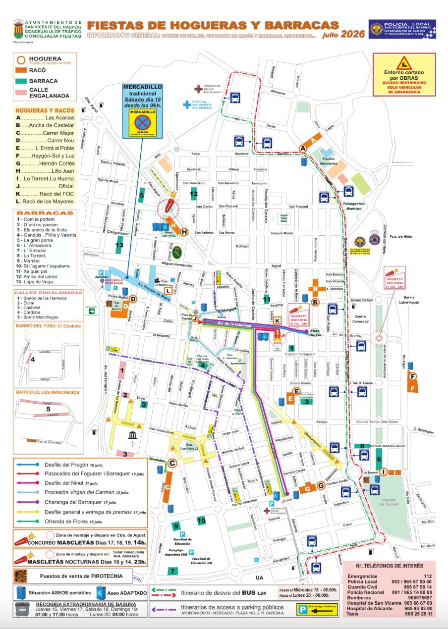 Plano de los cortes de tráfico y desvíos en San Vicente del Raspeig por las Hogueras 2026