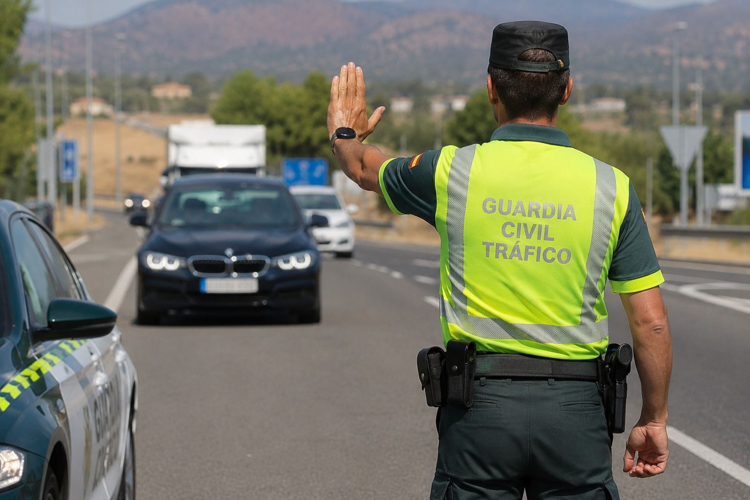 Un agent de la Guàrdia Civil deté un vehicle en un control Un agent de la Guàrdia Civil deté un vehicle en un control