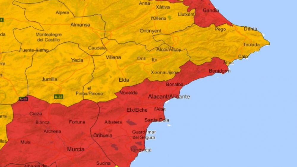 Mapa de avisos de la AEMET por calor este jueves en Alicante Mapa de avisos de la AEMET por calor este jueves en Alicante