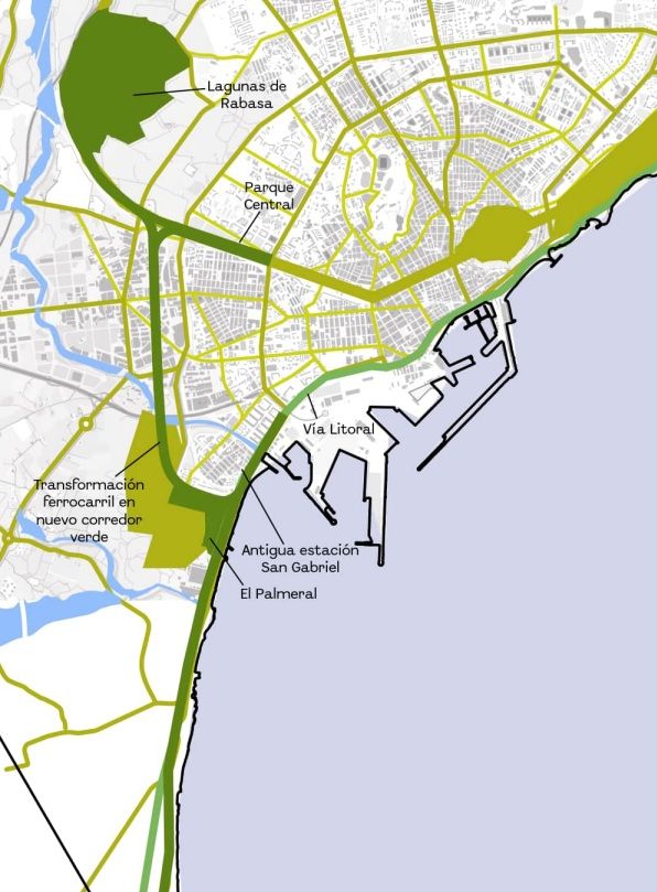 Mapa del corredor verde planteado sobre el trazado ferroviario en Alicante Mapa del corredor verde planteado sobre el trazado ferroviario en Alicante