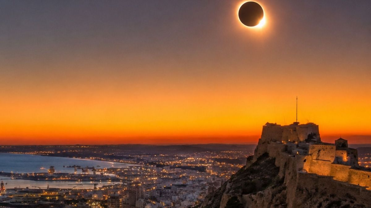 Recreació de l'eclipsi solar sobre la ciutat d'Alacant amb vistes des del Castell Recreació de l'eclipsi solar sobre la ciutat d'Alacant amb vistes des del Castell