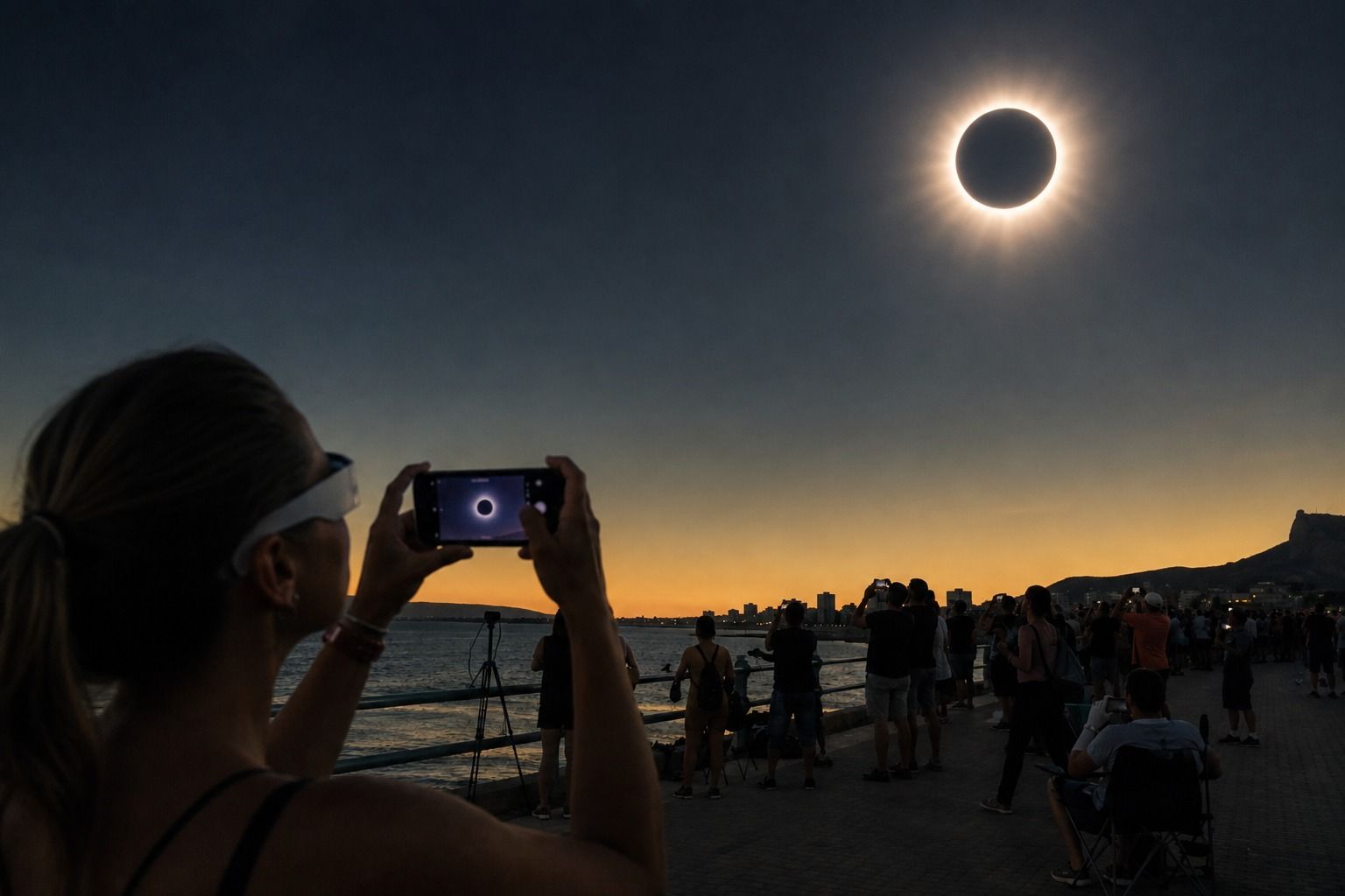 Recreación con IA de una mujer haciendo una foto con el móvil a un eclipse solar Recreación con IA de una mujer haciendo una foto con el móvil a un eclipse solar