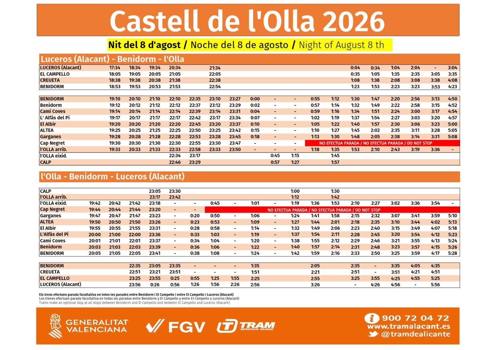 Horarios especial del TRAM por el Castell de l'Olla 2026 Horarios especial del TRAM por el Castell de l'Olla 2026