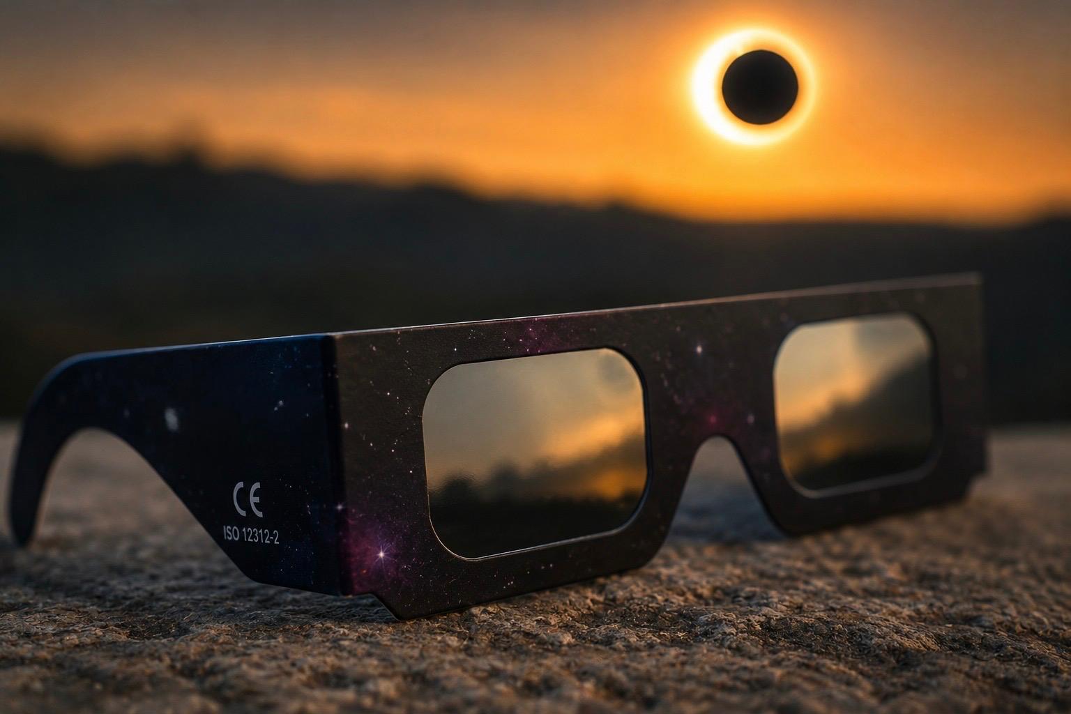 Recreación con IA de unas gafas de sol homologadas para el eclipse solar Recreación con IA de unas gafas de sol homologadas para el eclipse solar