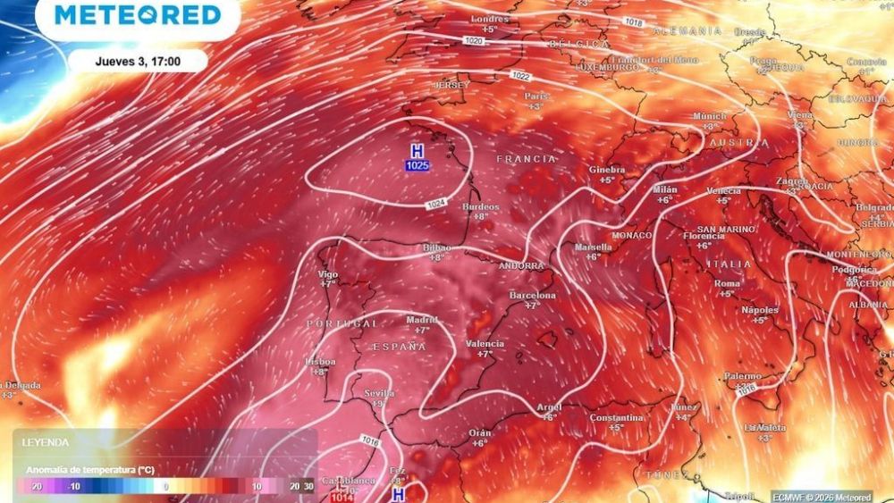 Mapa de las anomalías térmicas previstas a 1.500 metros de altura (Fuente: Meteored) Mapa de las anomalías térmicas previstas a 1.500 metros de altura (Fuente: Meteored)