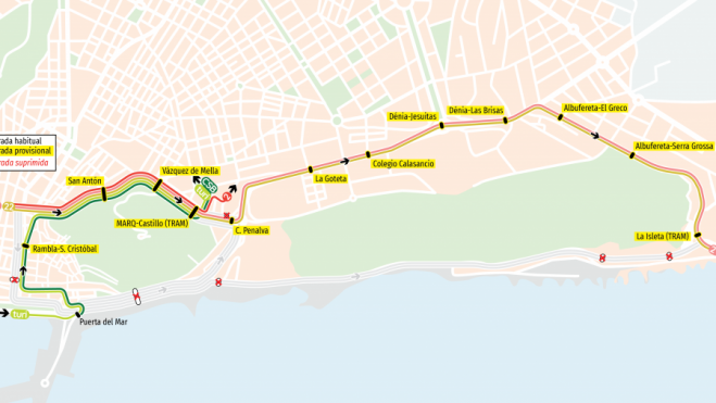 Desvíos de las líneas 2, 21 y 22 del autobús en Alicante por la Ciclovia Desvíos de las líneas 2, 21 y 22 del autobús en Alicante por la Ciclovia