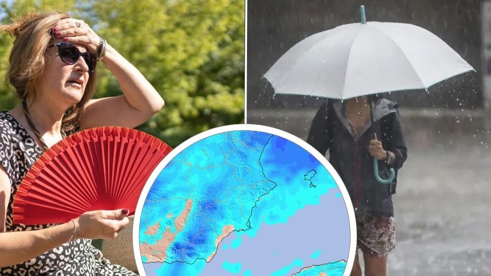 Montaje de una mujer con calor, otra bajo la lluvia y el mapa de la lluvia acumulada en Alicante Montaje de una mujer con calor, otra bajo la lluvia y el mapa de la lluvia acumulada en Alicante