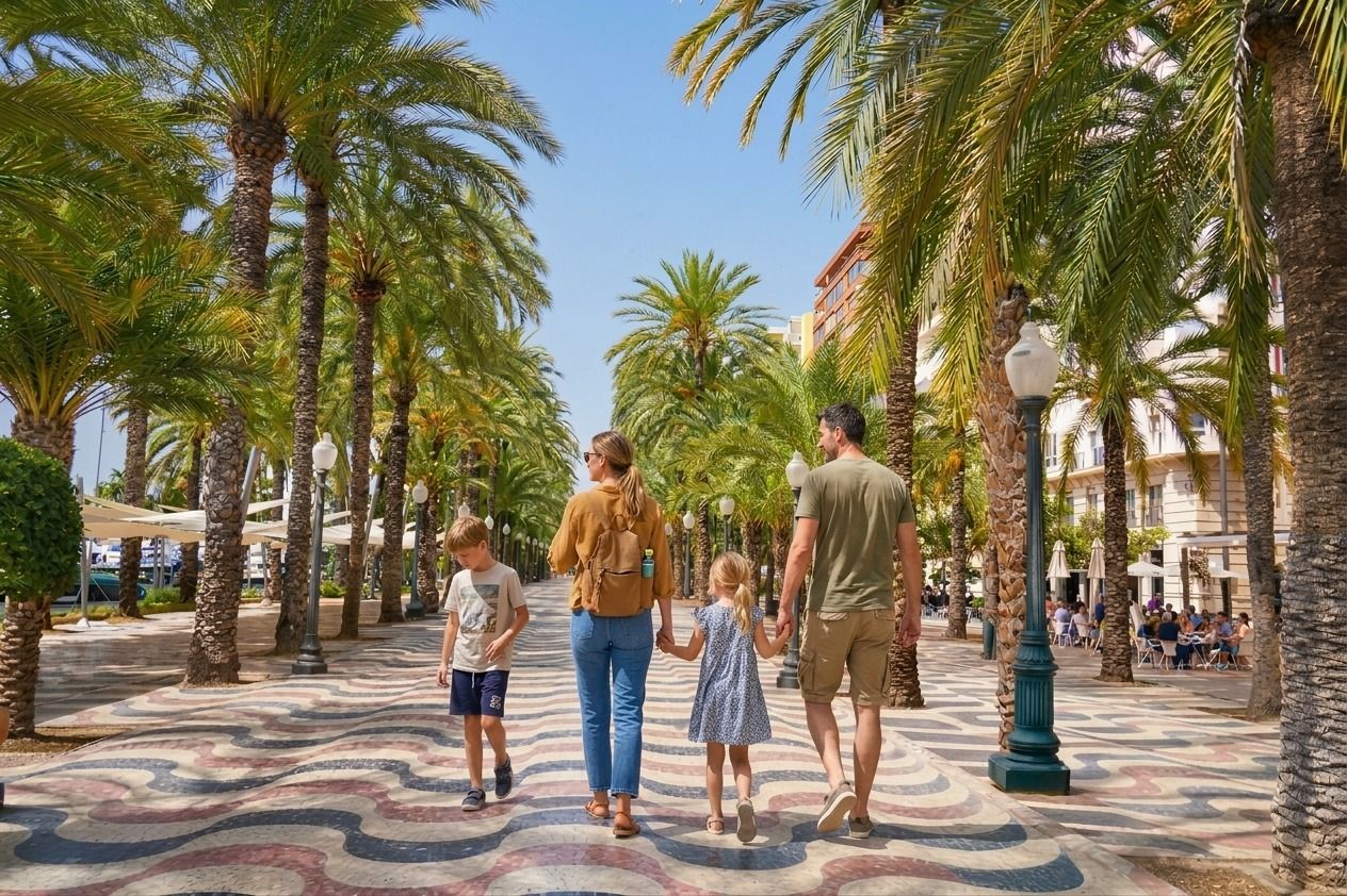 Una familia con dos hijos pasea por la Explanada de Alicante (Foto: IA) Una familia con dos hijos pasea por la Explanada de Alicante (Foto: IA)