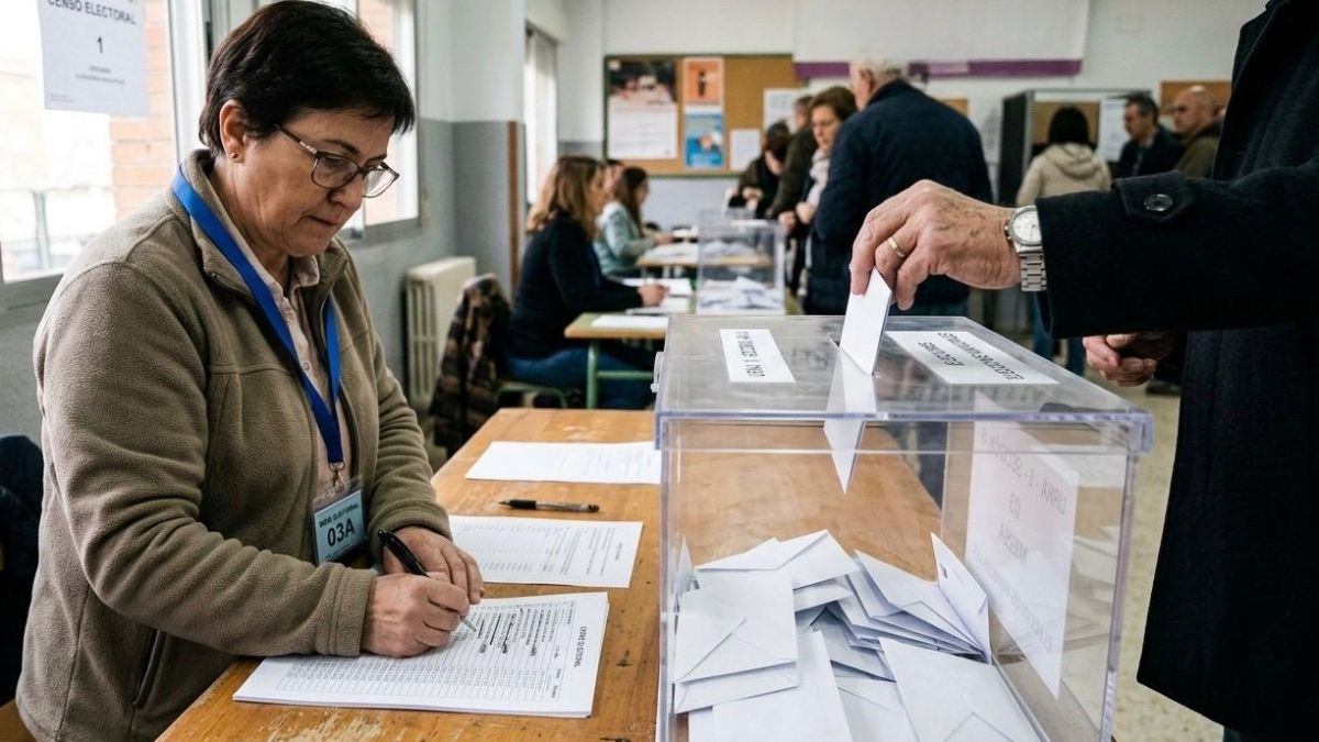 Un home vota en una jornada electoral y la presidenta de la mesa ratlla el seu nom (Foto IA) Un home vota en una jornada electoral i la presidenta de la mesa ratlla el seu nom (Foto IA)