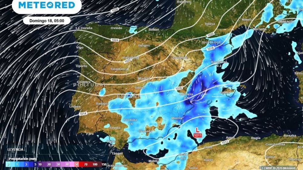 Mapa de la precipitació en la zona de València i Alacant la matinada del diumenge (Font: Meteored) Mapa de la precipitació en la zona de València i Alacant la matinada del diumenge (Font: Meteored)