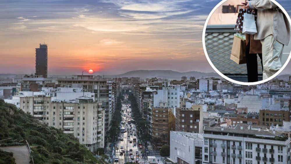 Imagen de la ciudad de Alicante en el atardecer y una mujer de compras